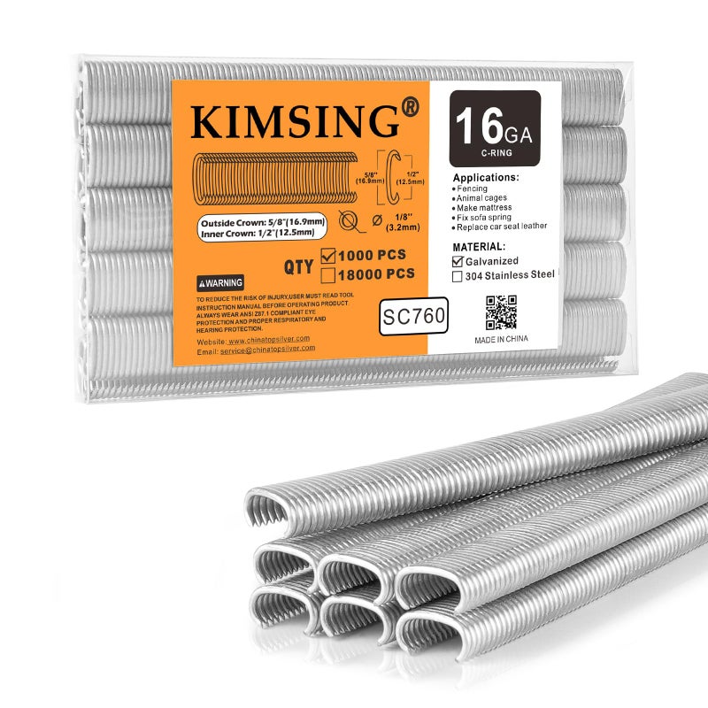 China-top Silver دبابيس كيمسينغ SC760 16 قياس 5/8'' مجلفنة على شكل حلقة C، حلقات خنزير، دبابيس سياج سلكي، مثبتات لمثبت حلقة C، أداة حلقة خنزير، كماشة حلقة C، 1000 قطعة/عبوة - Image 1